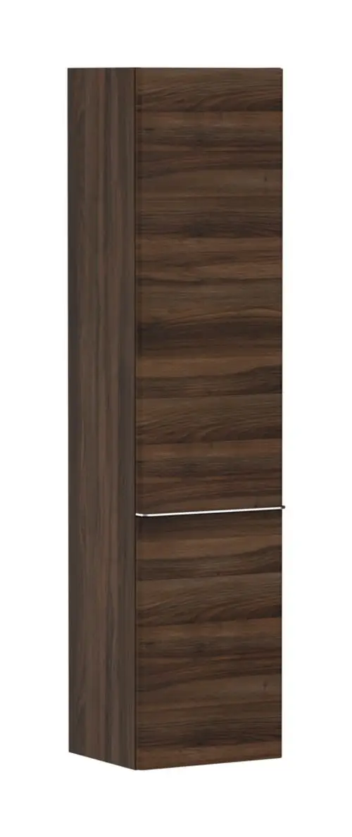 Hochschrank in dunkler Holzoptik, vertikale Bauform mit zwei Türen. Hansgrohe-Logo nicht sichtbar. Türanschlag auf der linken Seite.